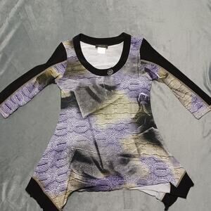 Bali Tunic Top Womens Size Medium Grey Black Long Sleeve Accent Detail